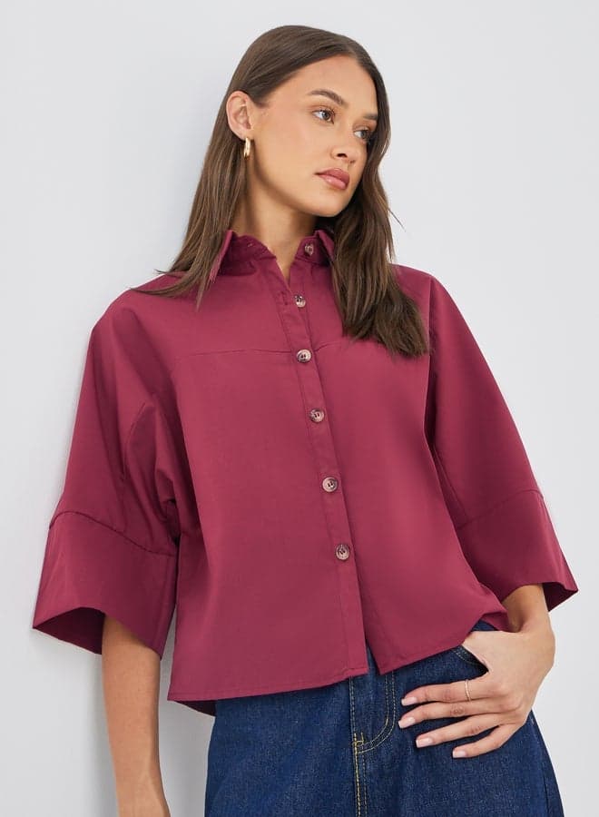 Styli Red Boxy Fit Buttoned Crop Shirt - Image 1