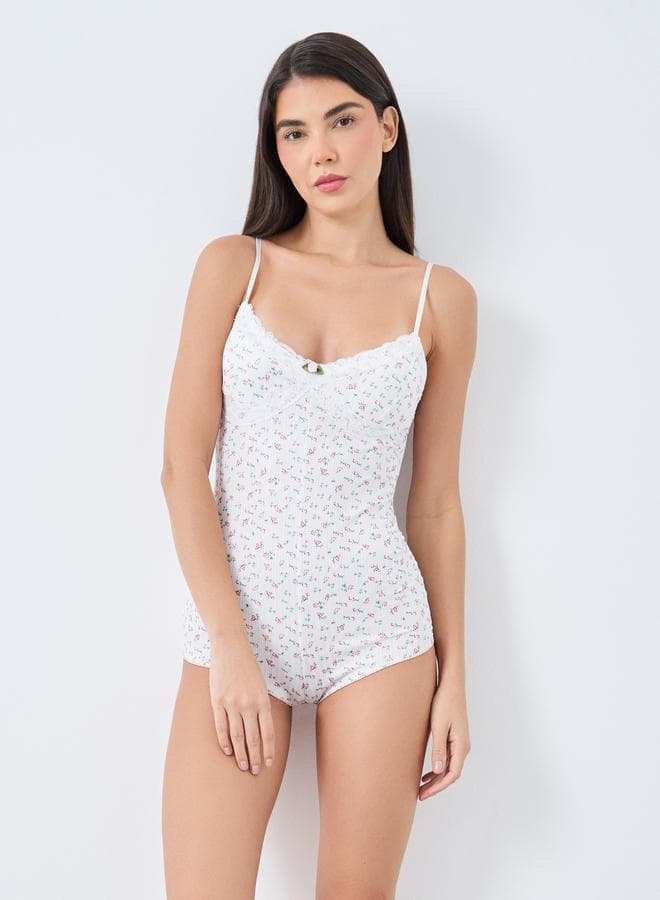 Floral Printed Pointelle Teddy Bodysuit - Image 1