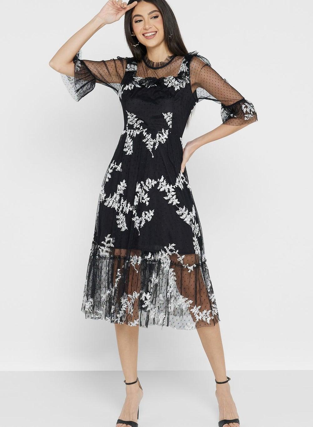 Black Floral Appliqué Midi Dress 951616 - Image 1