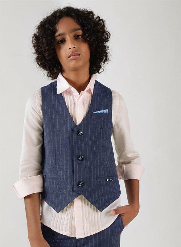 One Friday Boys Blue Striped Slim Fit Waistcoat - Image 1