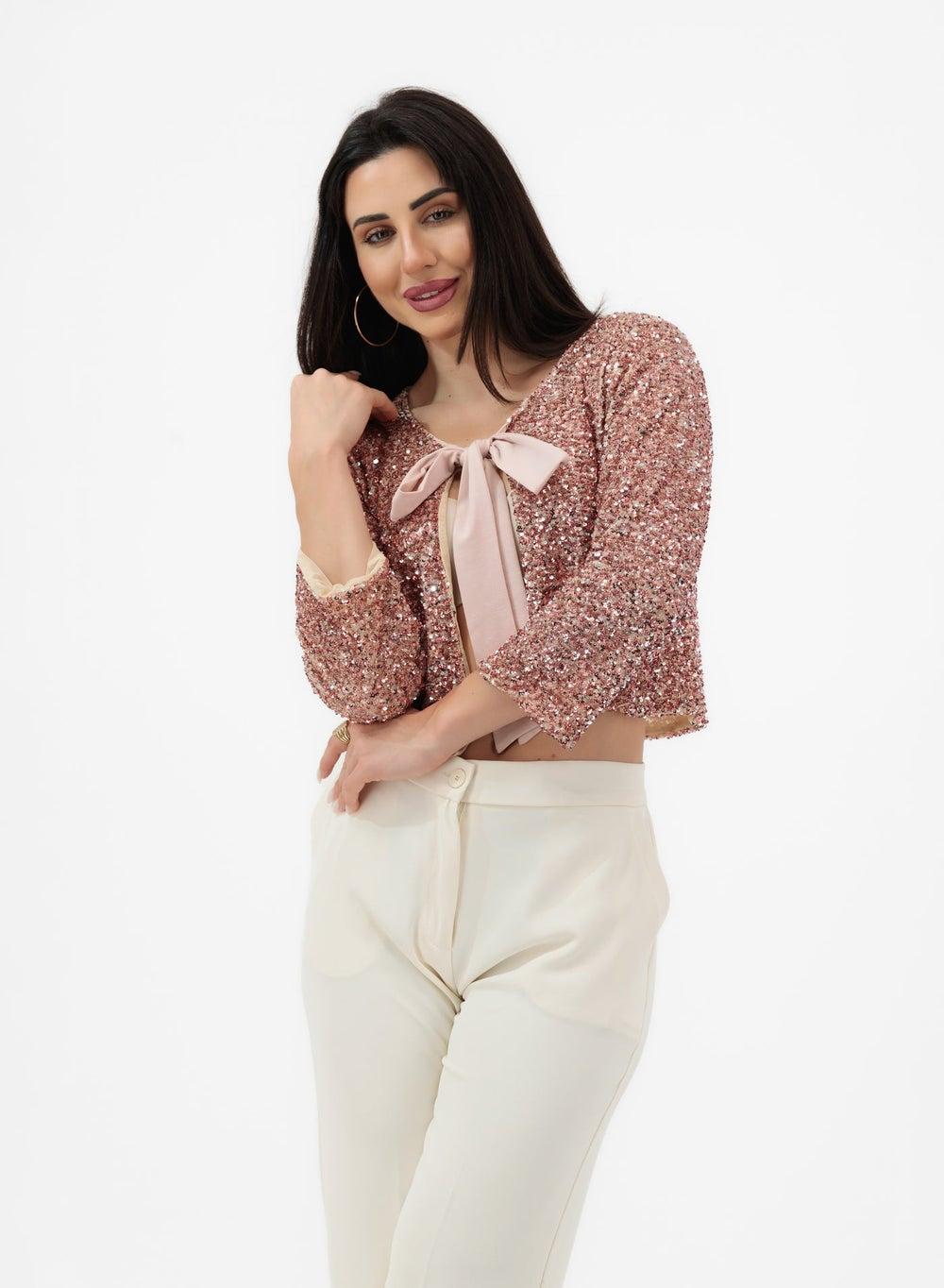 Rosé Sequin Cropped Jacket – Luxe Evening Sparkle - Image 1