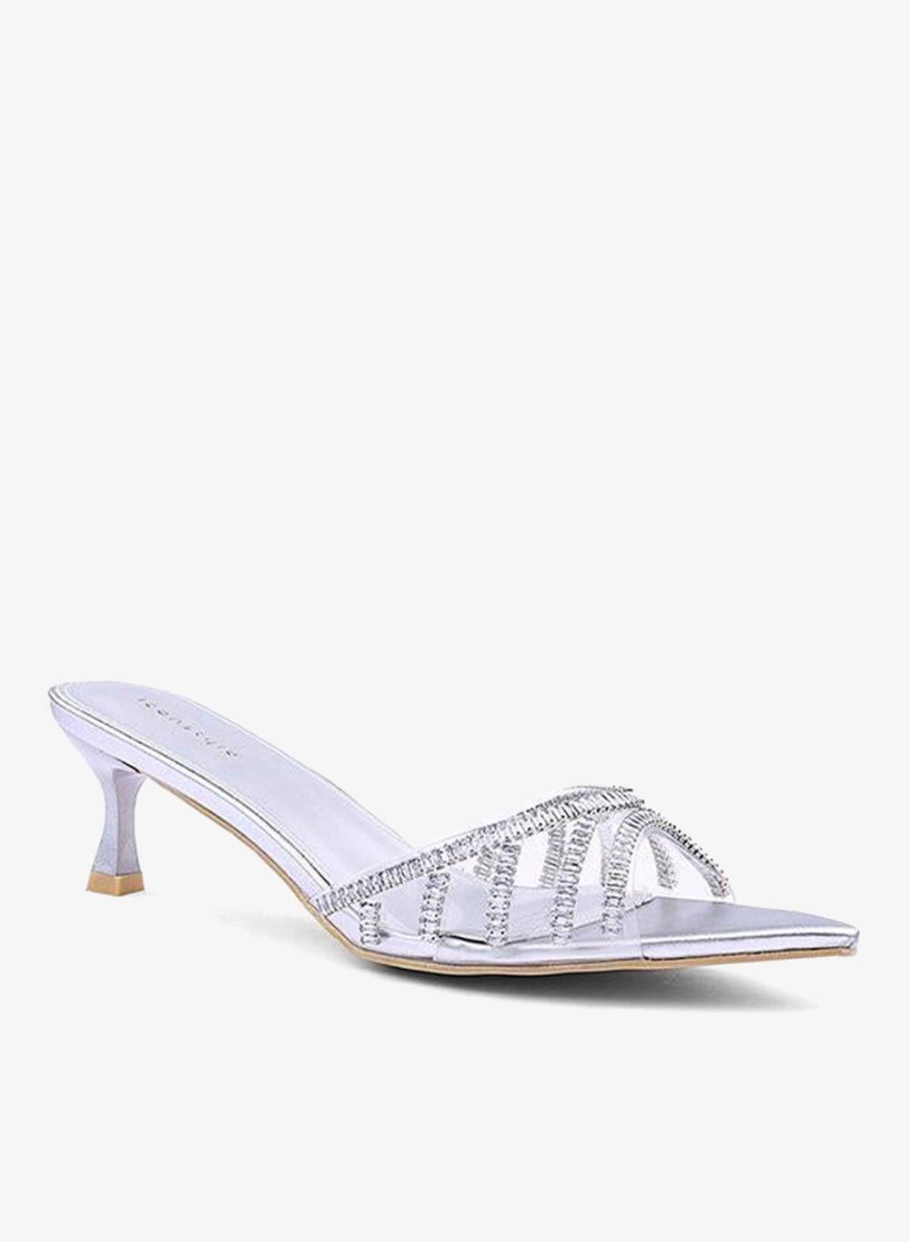 Silver Crisscross Rhinestone Stiletto Heeled Sandals - Image 1