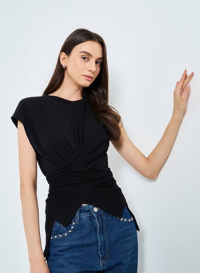 Black Sleeveless Twist Front Turtle Neck Top - Image 1