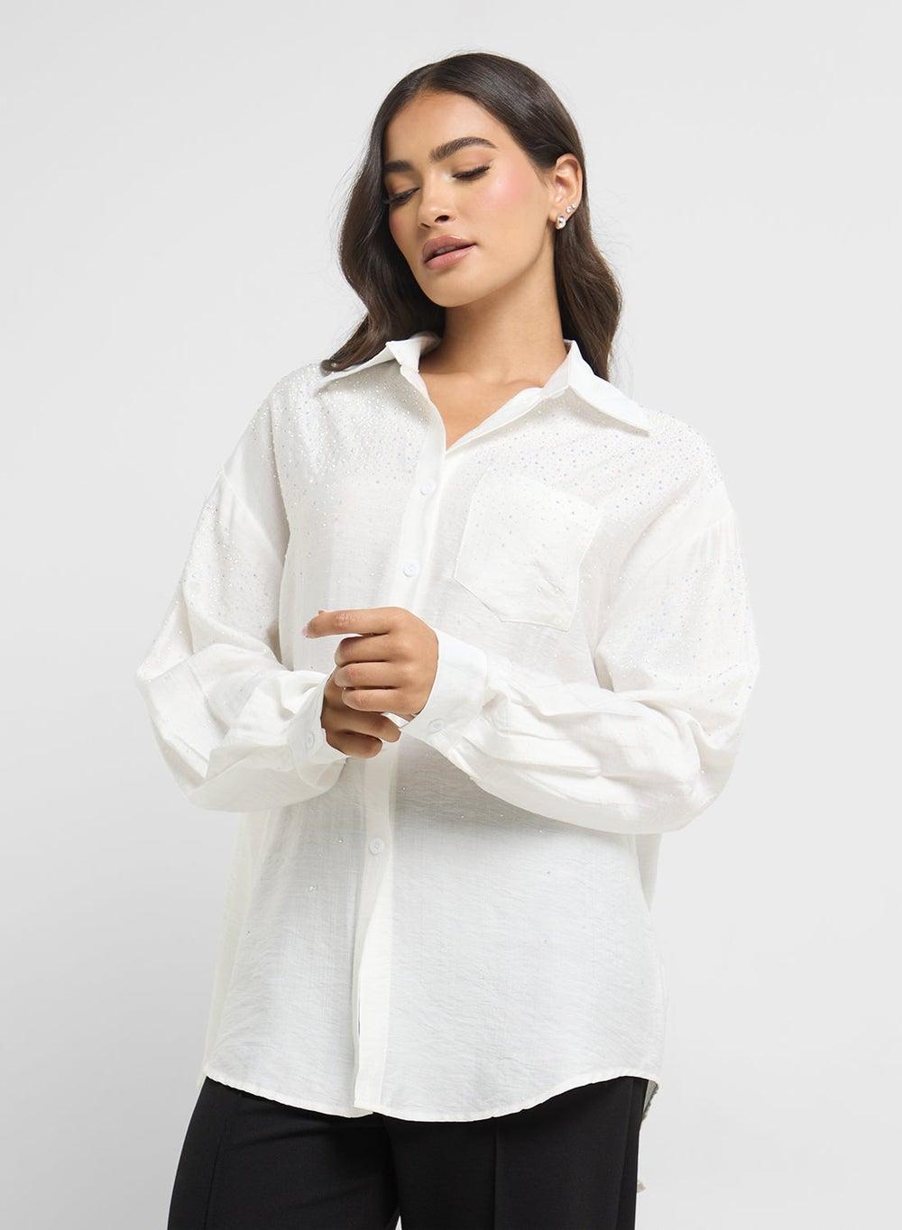 Embellished Oversized White Button-Down Shirt Top25171 - Image 1
