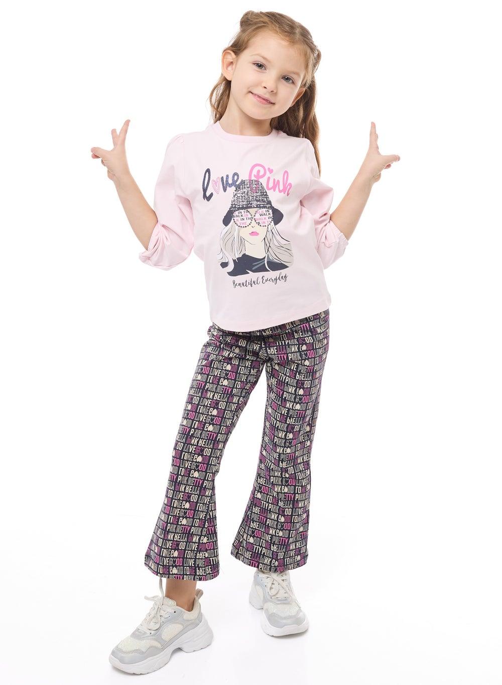 Glitter Embellished Pink Top & Flared Leggings Set - Image 1