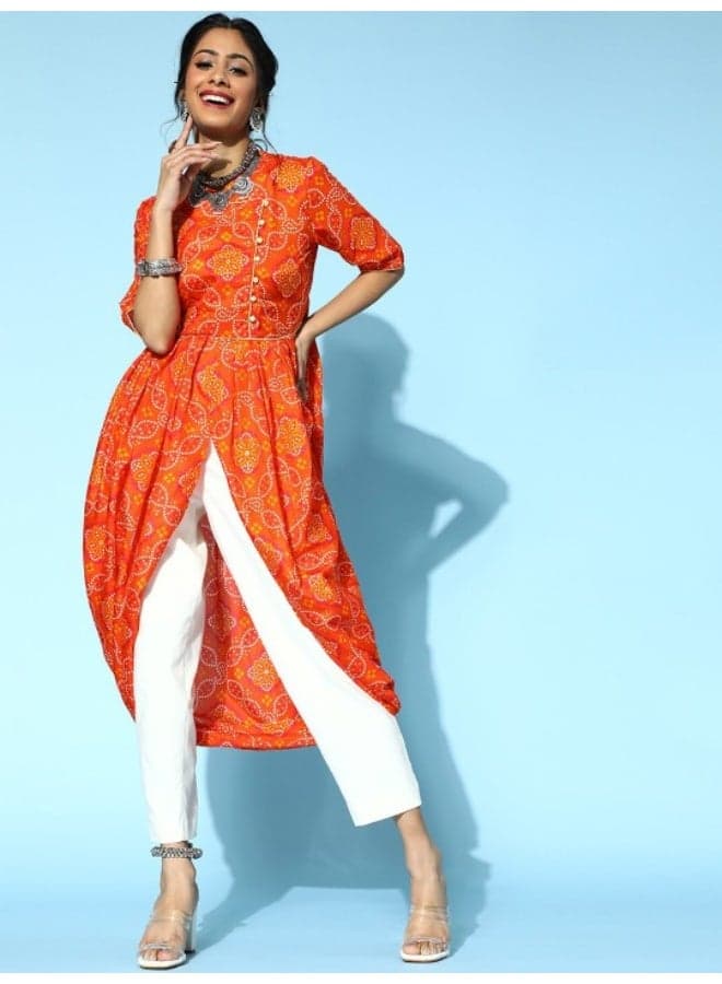 Bright Orange Indie Print Kurta Set with Pants - Image 1