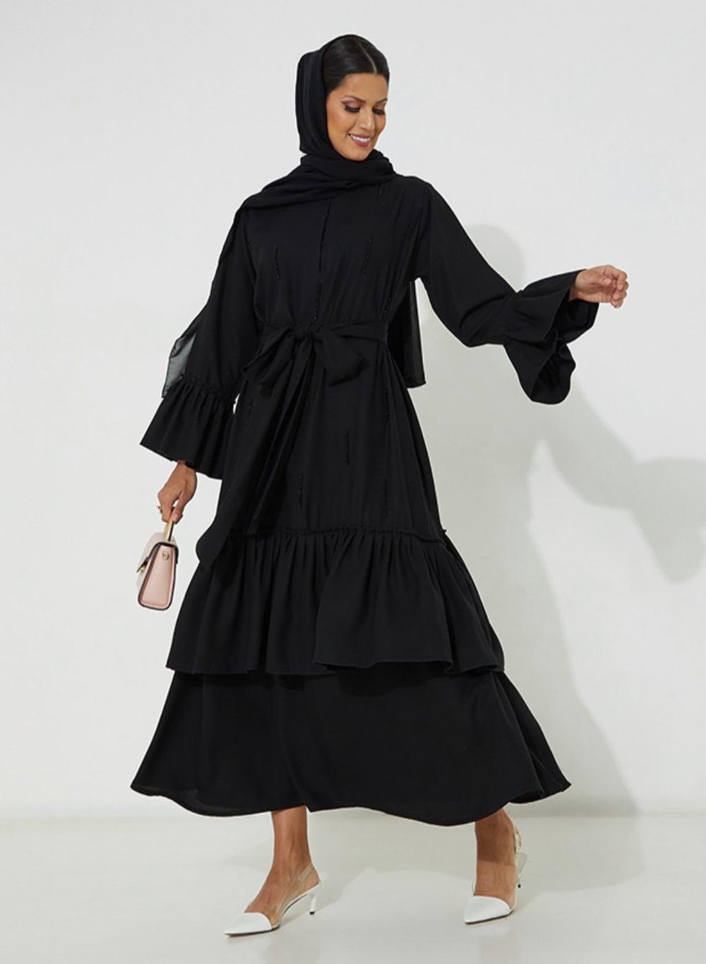 Black Embroidered Modest Abaya Dress 52" UAE - Image 1