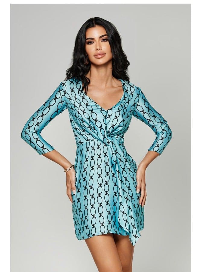 Aqua Chain Print V-Neck Mini Dress - Image 1