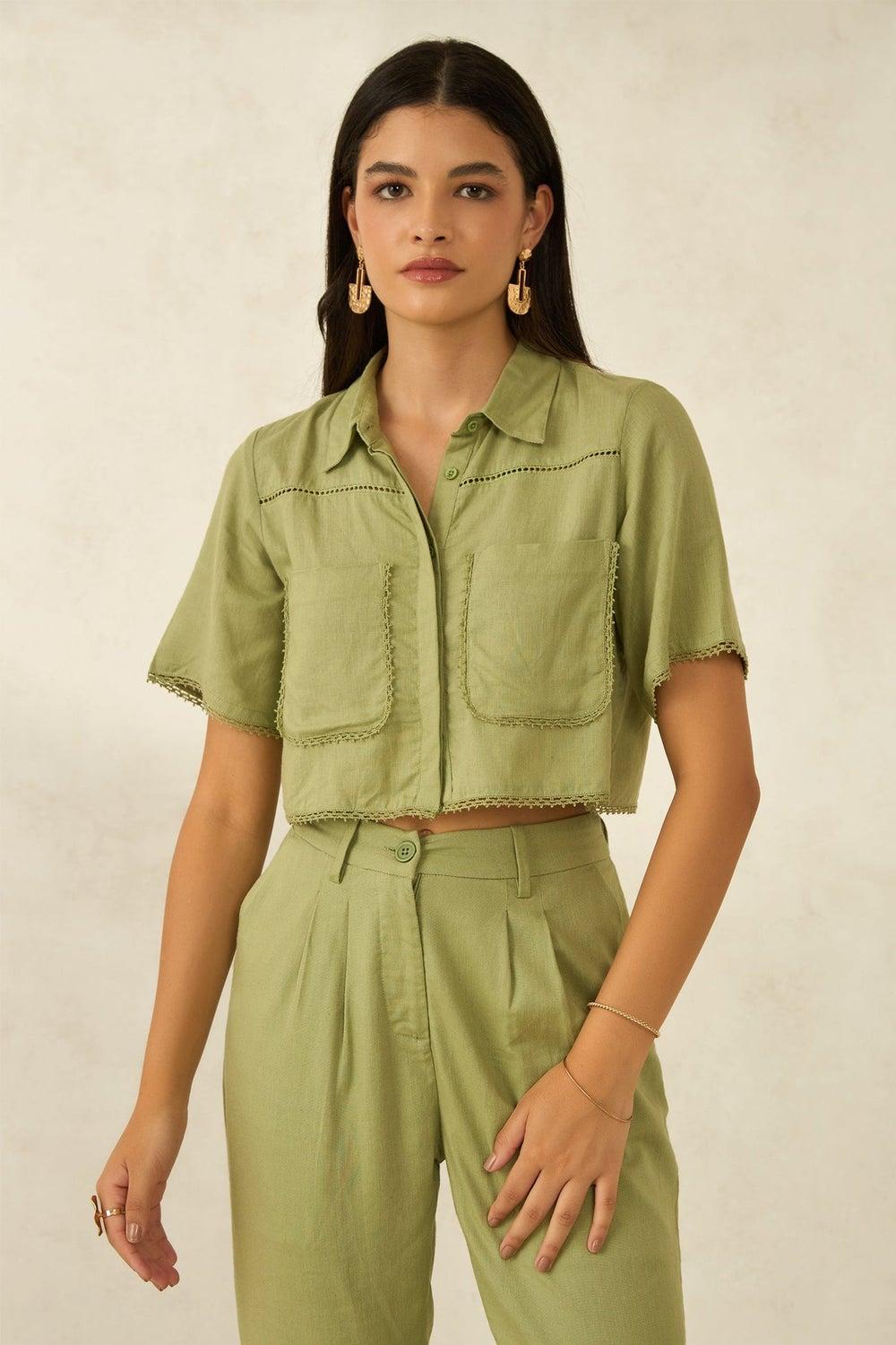Olive Linen Printed Cropped Boxy Lace Shirt - Image 1