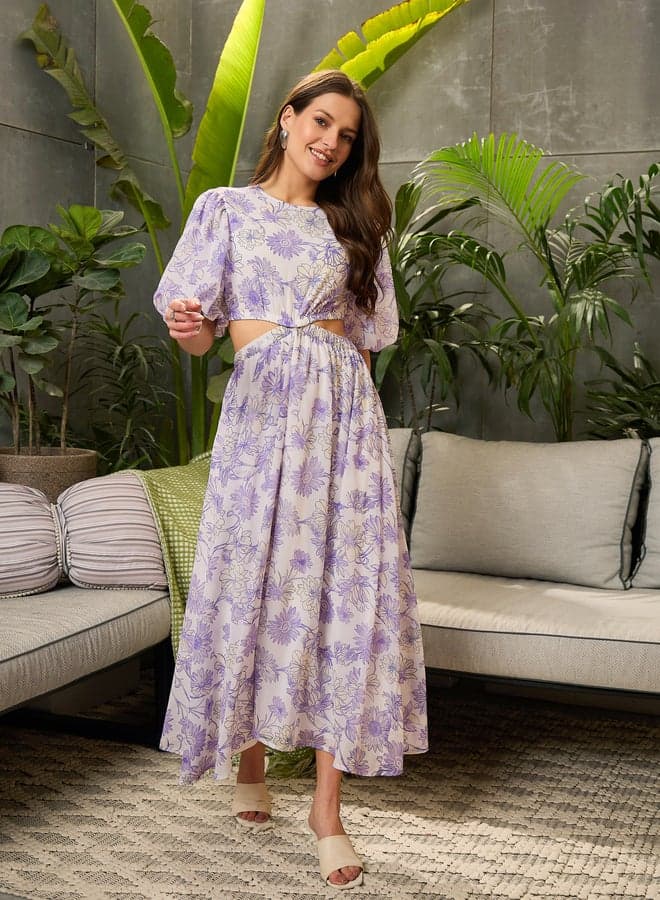 Sassafras Floral Cut-Out Waist Midi Dress - Image 1