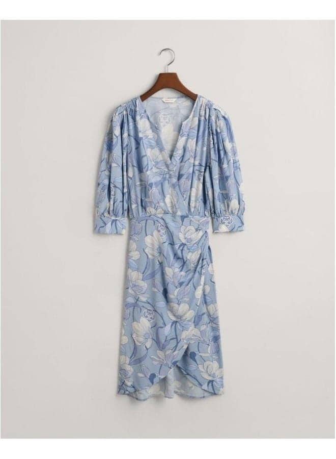 Light Blue Floral Midi Wrap Dress V-Neck - Image 1