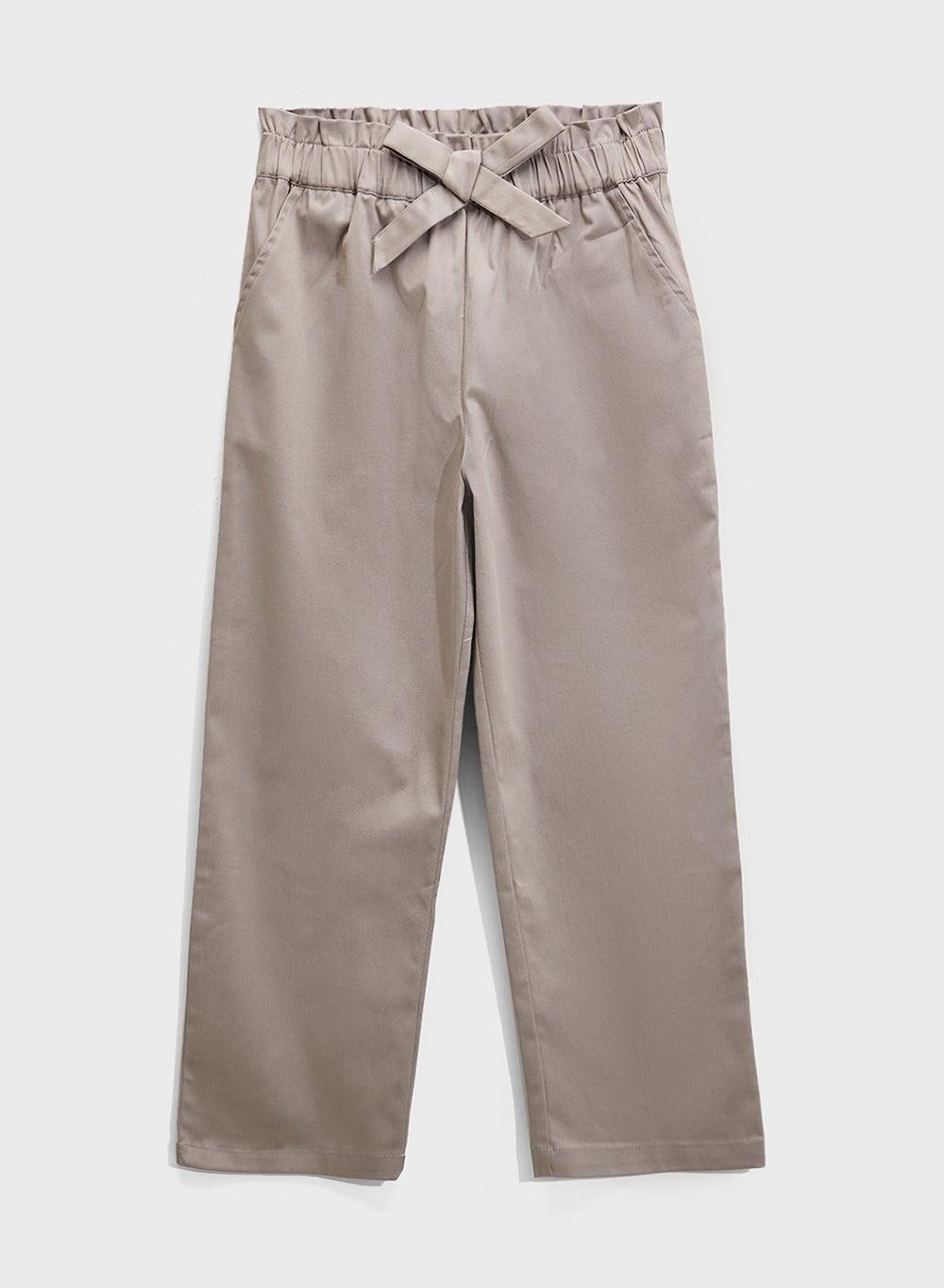 Girls Taupe Cotton Wide-Leg Pants – High Rise - Image 1