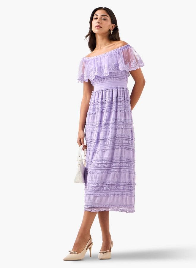 2Xtremz Lavender Lace Off-Shoulder Midi Ruffle Dress - Image 1