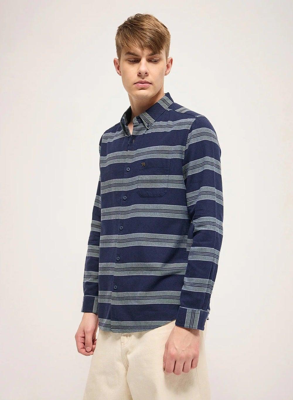 Navy Striped Cotton Shirt – Classic Long Sleeve Fit - Image 1
