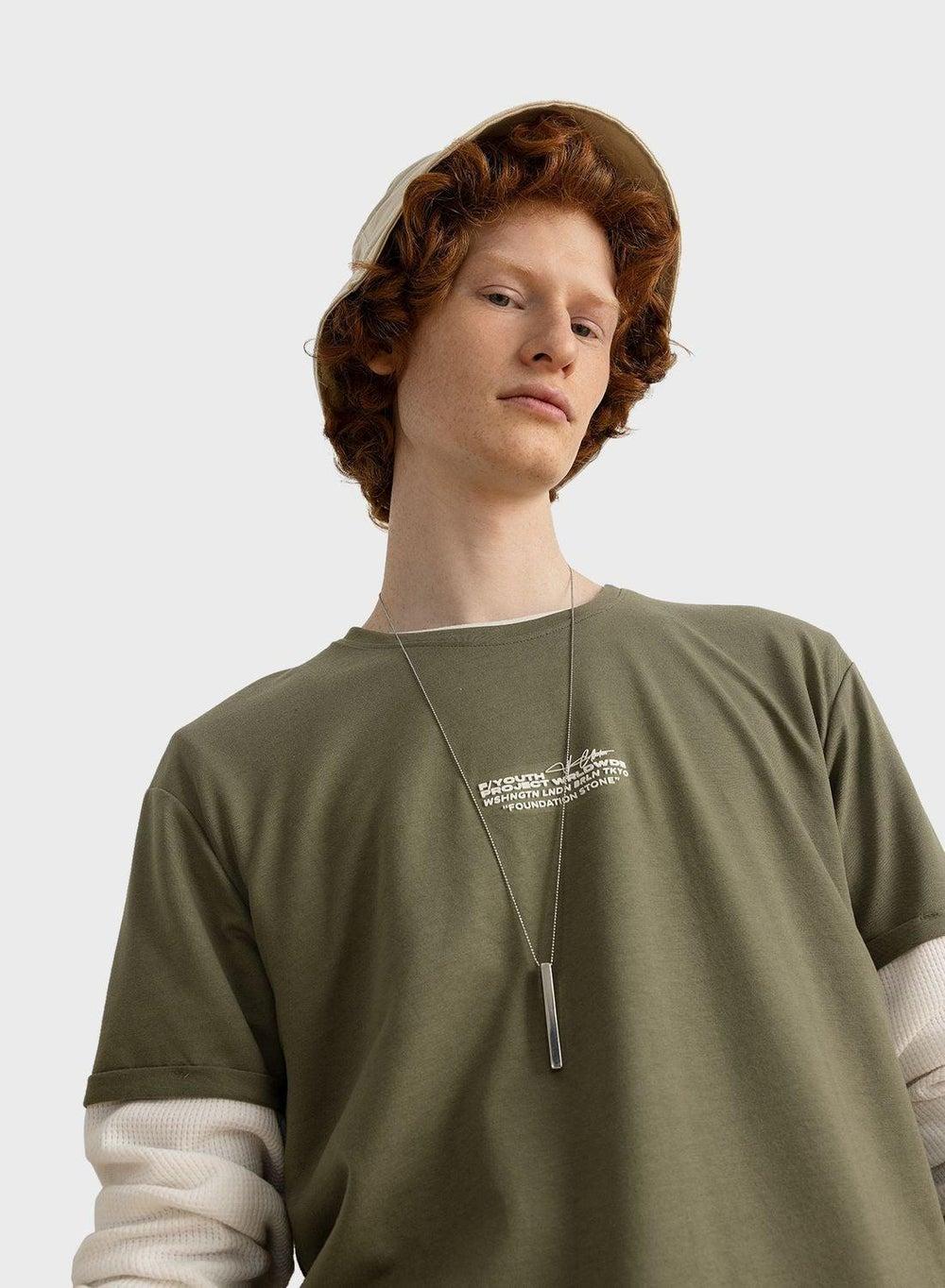 Khaki Slogan Crew Neck T-Shirt Z3085Az - Image 1