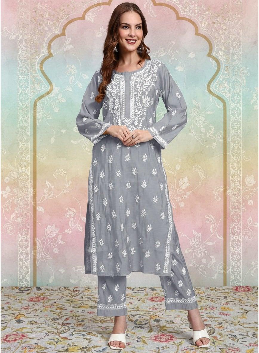 Grey Chikankari Chanderi Kurta Set AL4089KS - Image 1
