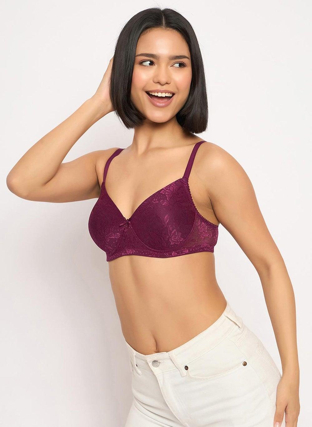 Clovia Br1479P12 Purple Lace Padded Wireless Full Coverage Bra - Image 1