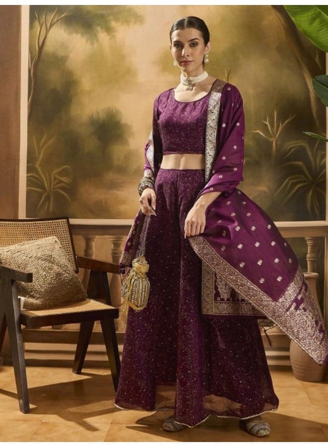 Violet Chanderi Lehenga Choli with Gold Print Detailing - Image 1