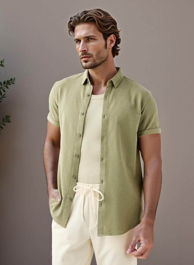 Iconic Textured Slim Fit Cotton Blend Shirt – Green - Image 1