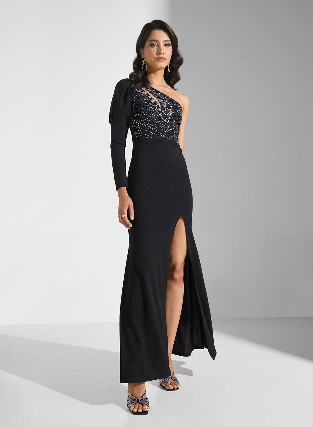 Black One-Shoulder Embellished Maxi Dress Ma170165 - Image 1