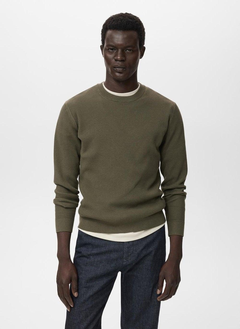 Fine Rib-Knit Cotton Blend Crew Neck Sweater - Image 1
