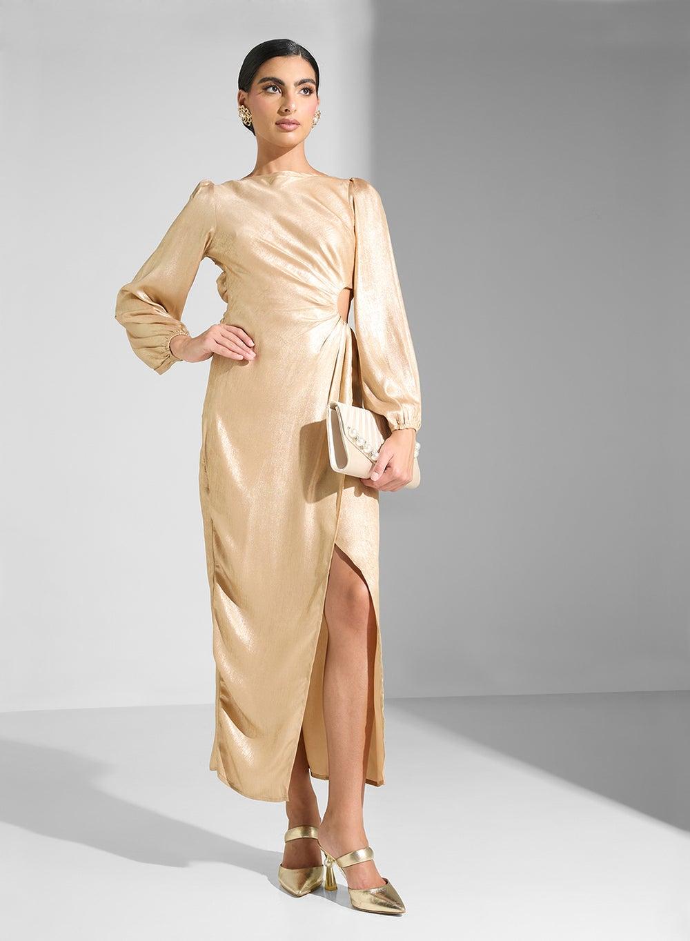 Light Gold Cutout Satin Slit Maxi Dress - Image 1
