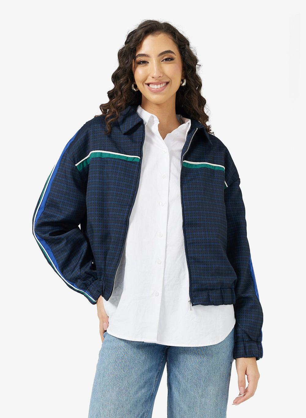 Navy Checkered Contrast Trim Zip-Through Athletic Jacket Vt520227 - Image 1