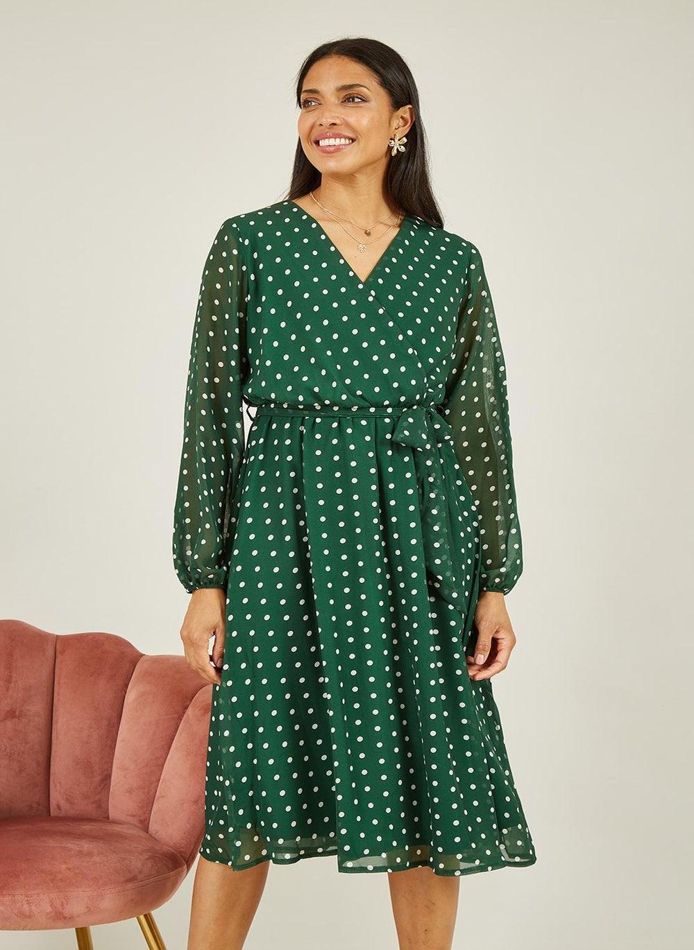 Dark Green Polka Dot Wrap Midi Dress - Image 1