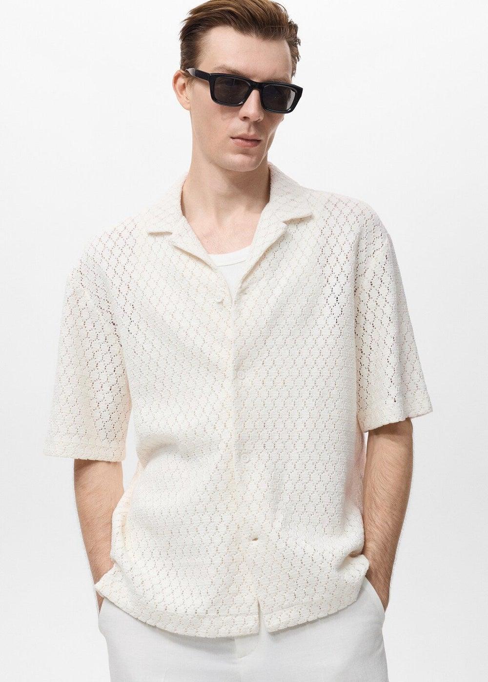 Openwork Cotton Bowling Collar Shirt – Off-White - Image 1
