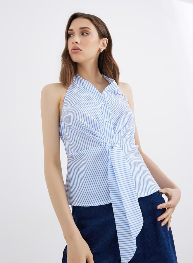 Blue Striped Sleeveless Halter Neck Top - Image 1