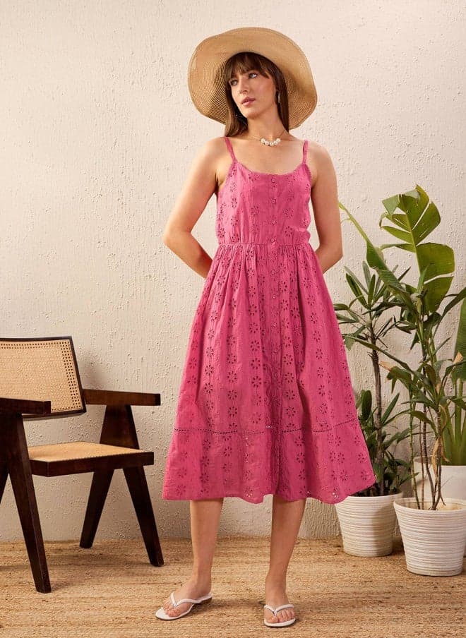 Pink Schiffli Fit & Flare Midi Dress for Women - Image 1