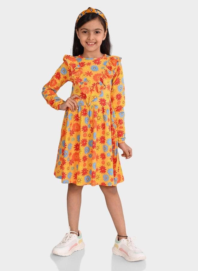 Girls Mustard Multicolour Cotton Printed Fit & Flare Dress - Image 1