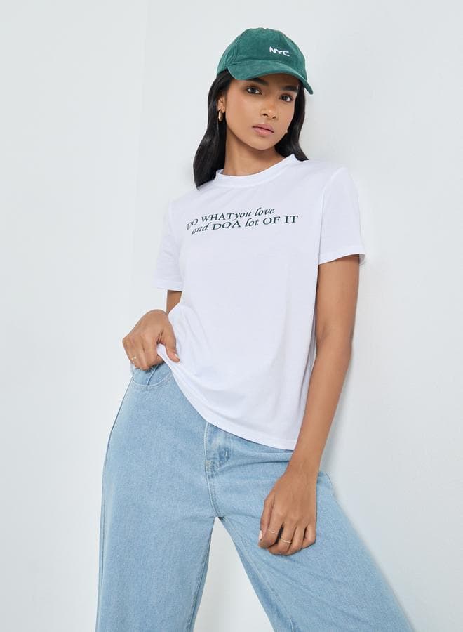 White Slogan Cotton T-Shirt Regular Fit - Image 1