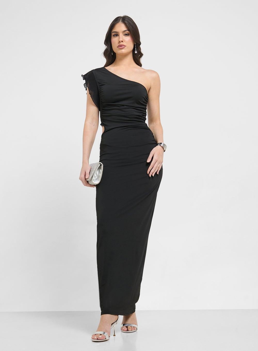 Clt254020 One-Shoulder Ruffled Black Maxi Dress - Image 1