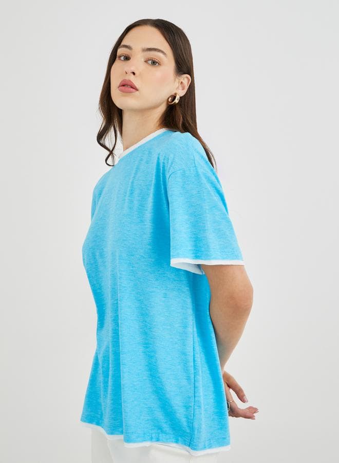 Blue Contrast Trim Oversized Women's T-Shirt - Image 1