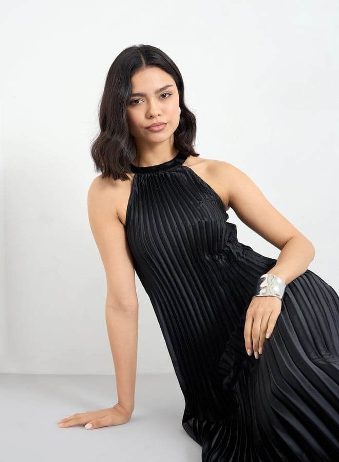 Styli Pleated Halter Neck Black Maxi Dress - Image 1