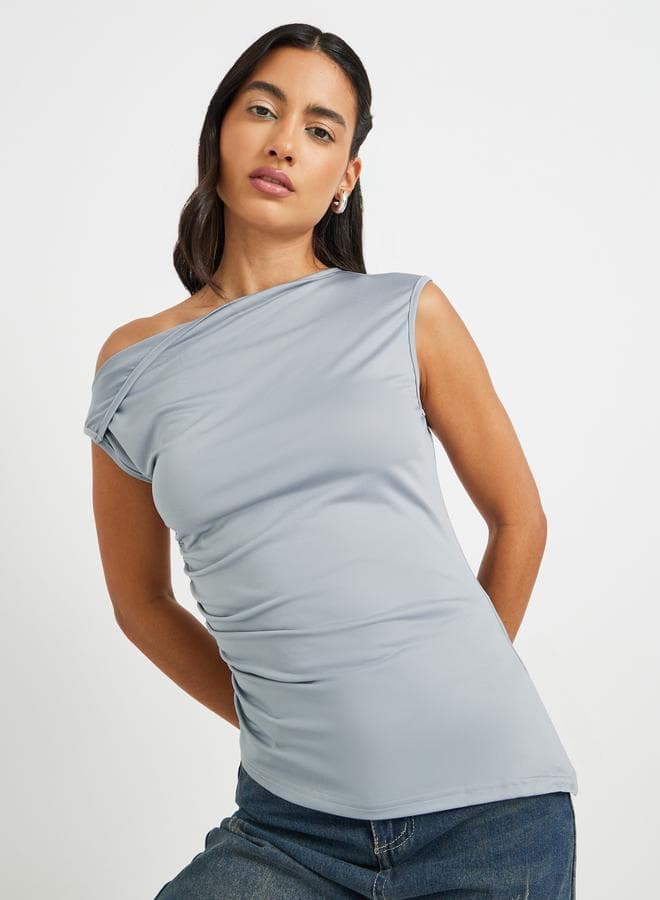 Take Two Grey One Shoulder Gathered Blouse - Image 1