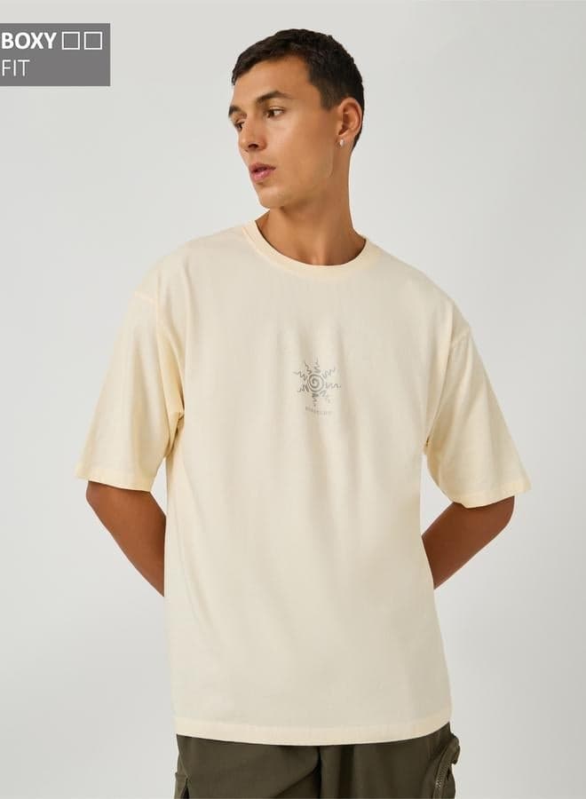 Styli Sun Print Washed Cotton Boxy T-Shirt Beige - Image 1