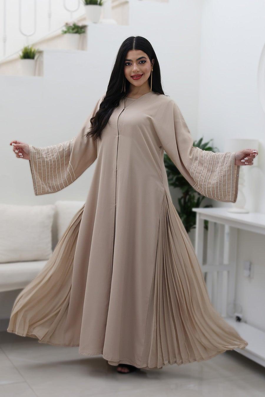 Beige Flowing Abaya 765 Elegant Embellished Flared Design - Image 1