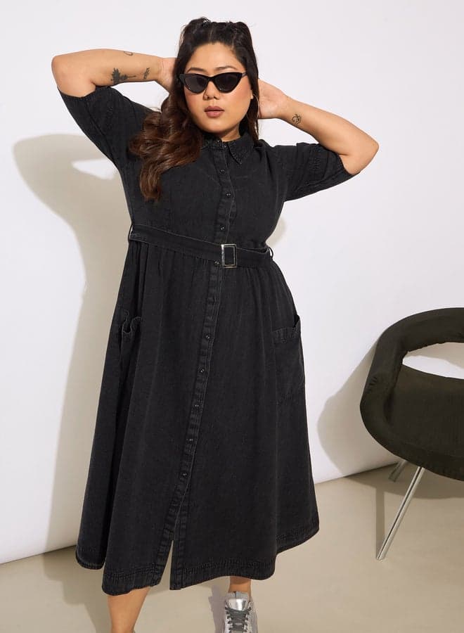 Black Belted Denim Midi Shirt Dress 7016399801 - Image 1
