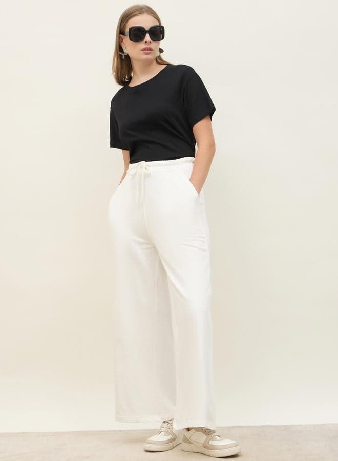 Cream Cotton Straight Leg Joggers with Drawstring Fit - Image 1