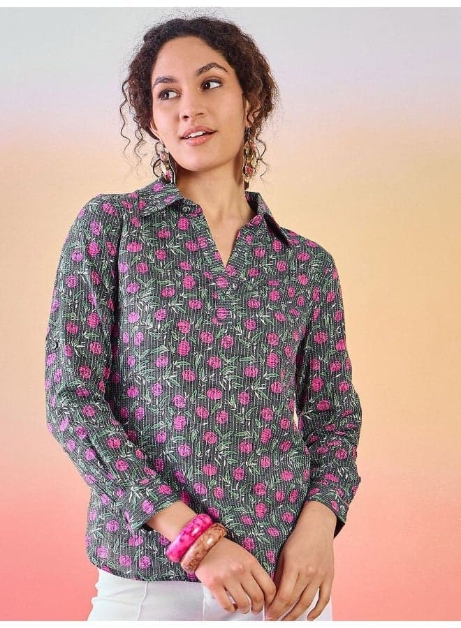 Floral Rose Print Cotton Tunic Shirt Collar Grey - Image 1