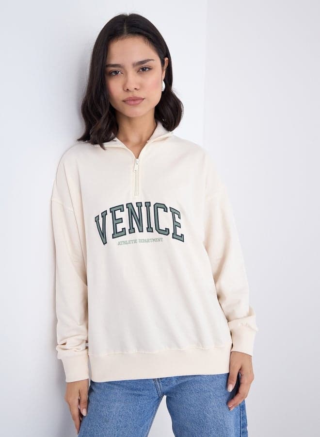 Styli Cream Embroidered Longline Cotton Sweatshirt - Image 1