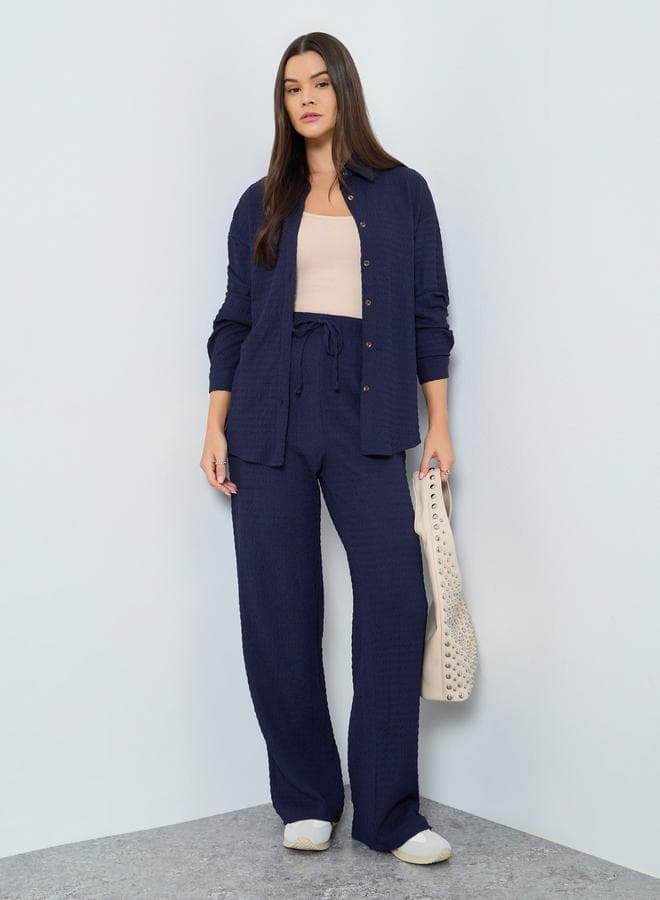 Styli Textured Navy Longline Shirt Pants Co-Ord Set - Image 1