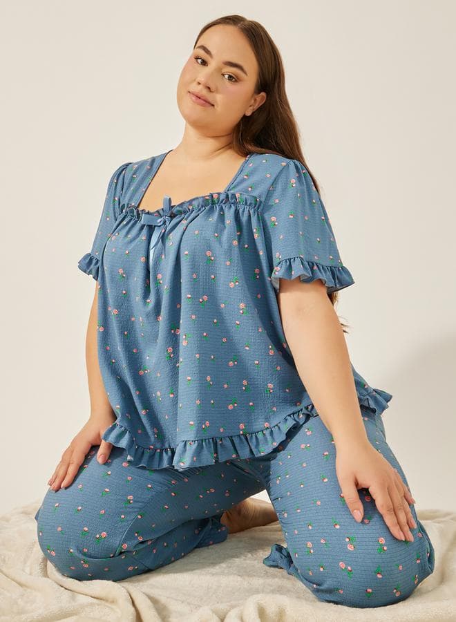 Blue Floral Print Pyjama Set 7011803803 - Image 1