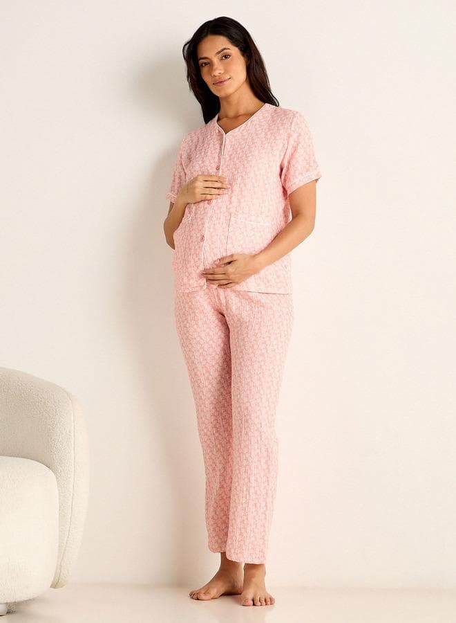 Pink Floral Cotton Maternity Pyjama Set - Image 1