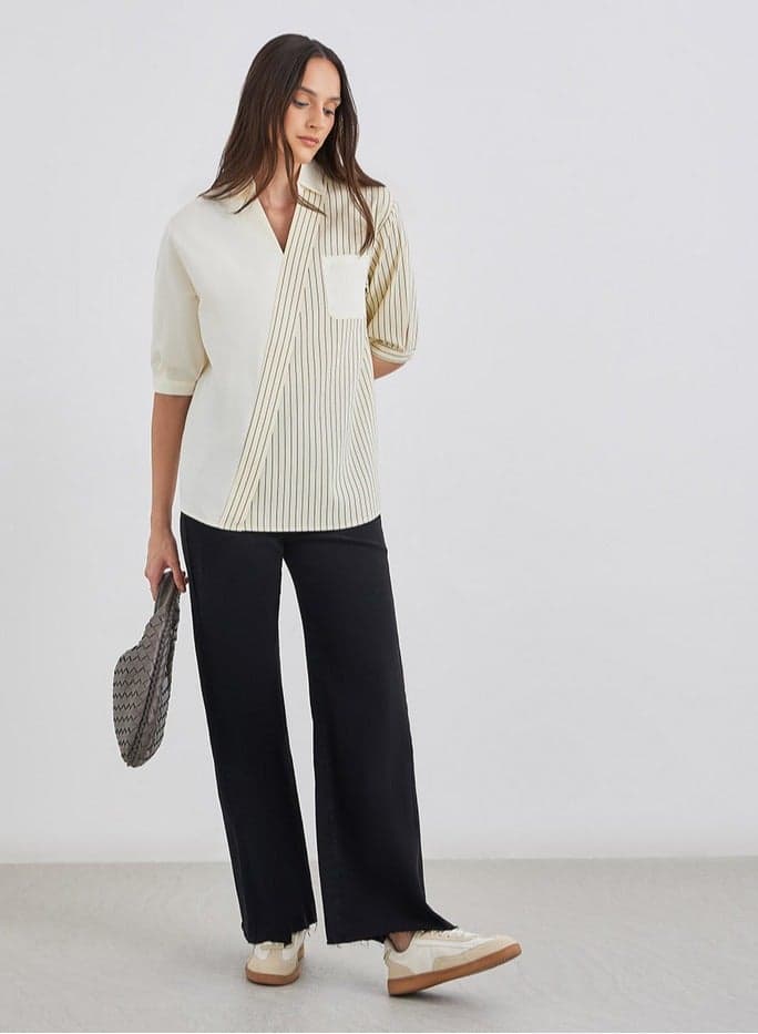 Styli Beige Striped Wrap Style Shirt - Image 1