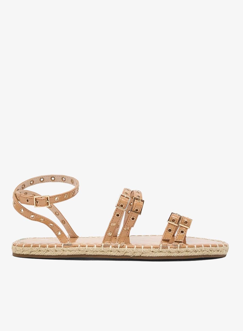 Nude Crinkle Patent Studded Multi-Strap Flat Sandals - Image 1