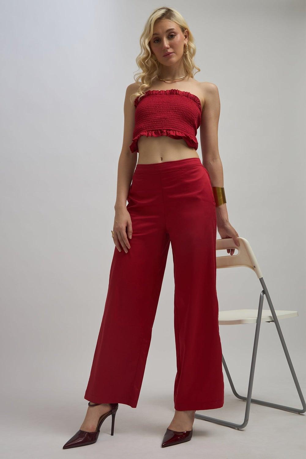 High Rise Red Cotton Stretch Wide Leg Pants - Image 1