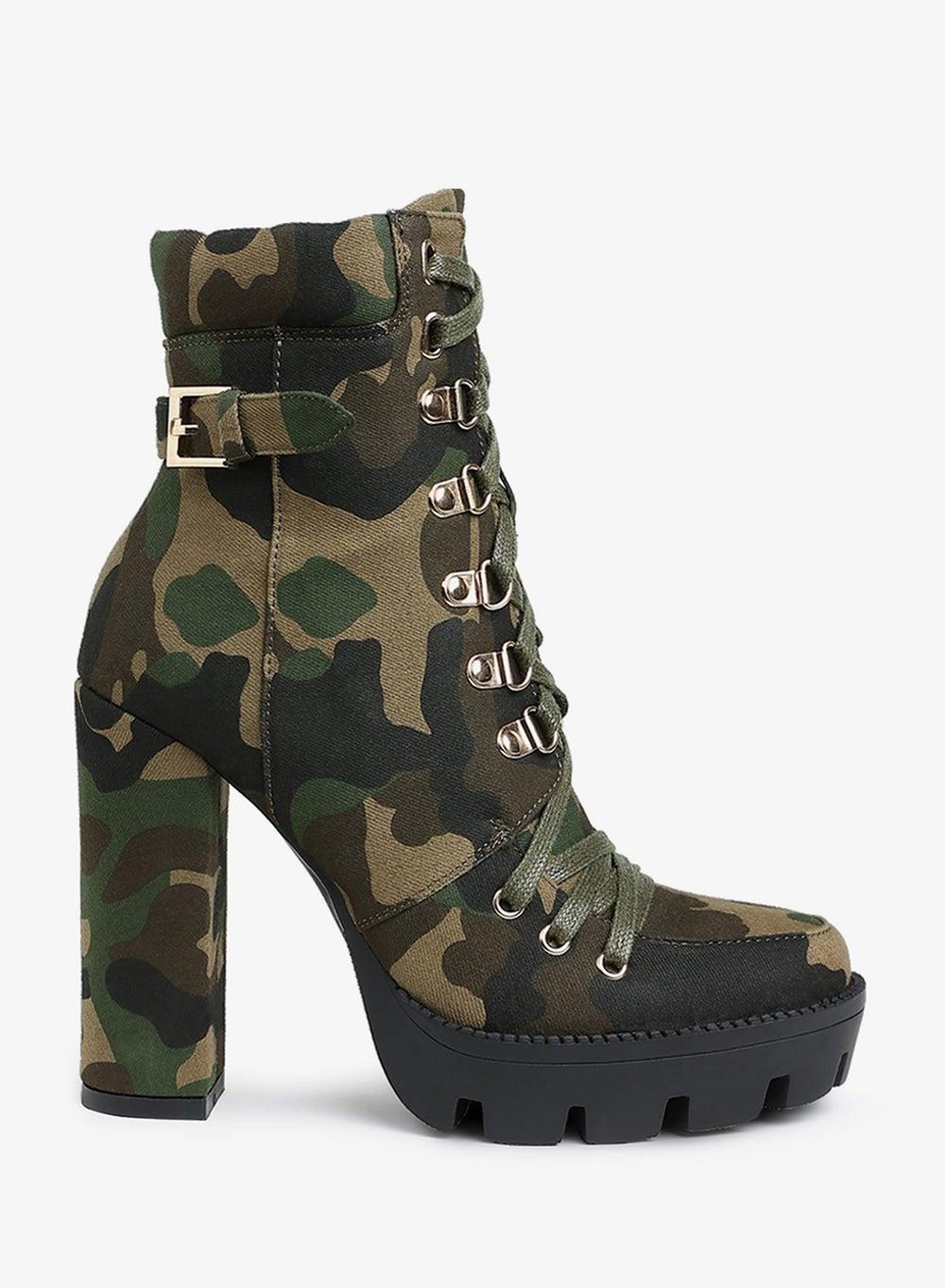 Sh3312 Khaki Camouflage Lug Sole Ankle Boots - Image 1